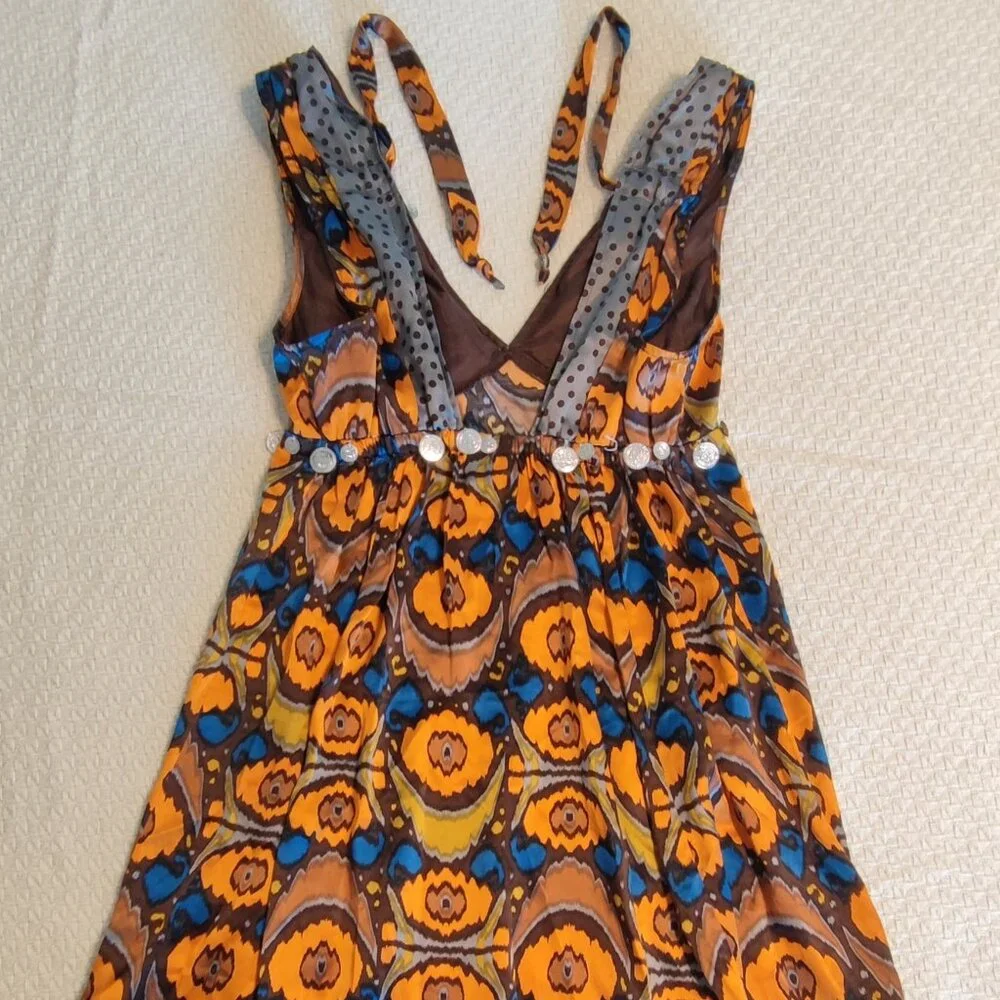 Plenty Tracy 100% Silk Geometric Coin Embellished Dress Size 4 Orange Gray Boho - Picture 4 of 6